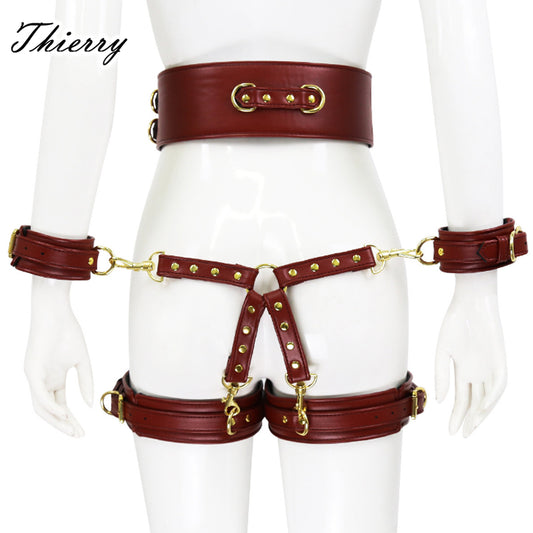 Thierry SM Toys PU Leather Bondage Set Include Belt, Handcuffs, Legcuffs, Center Connection, Adult Games Sex Toys for Women